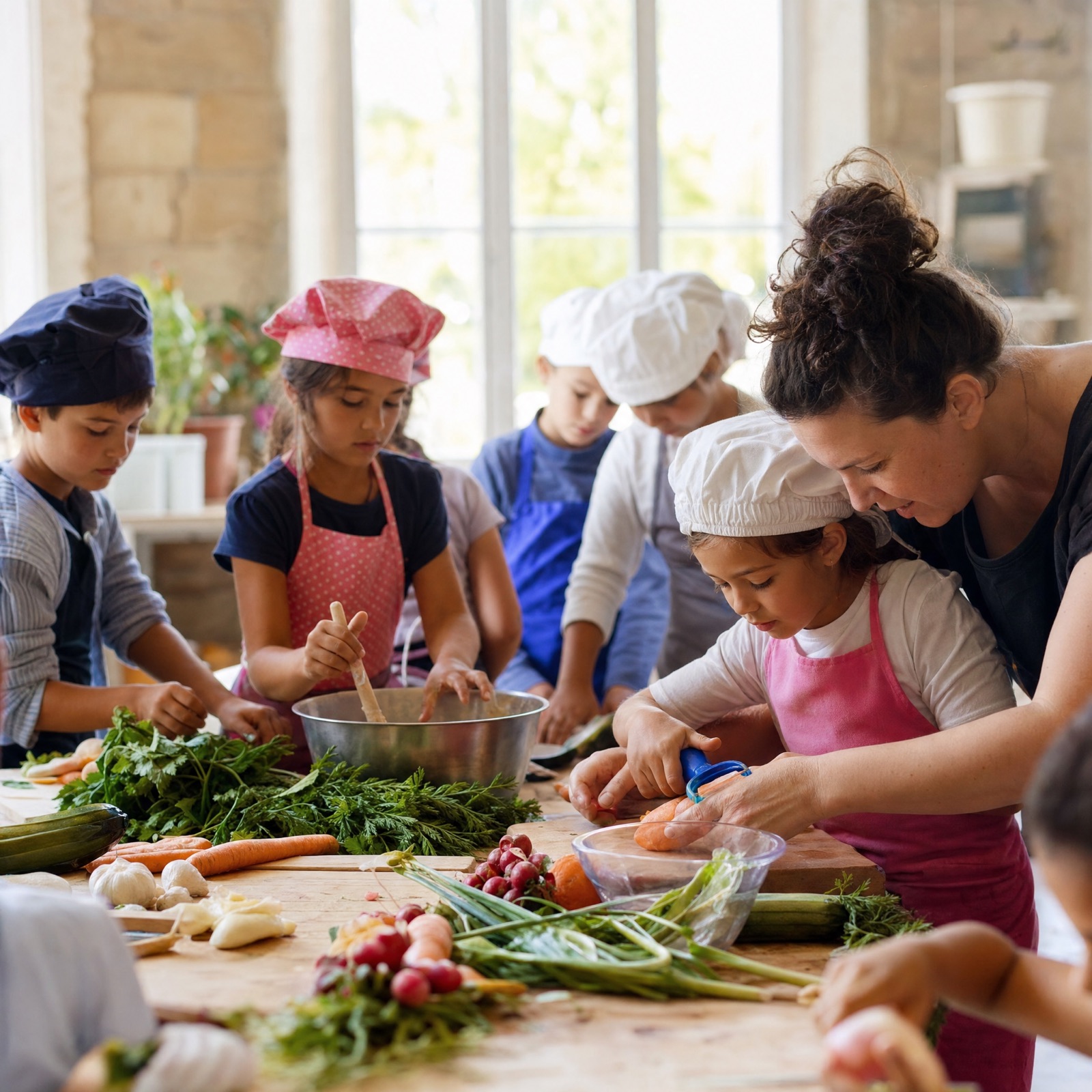 Enfants cuisinant des courgettes en atelier hebdomadaire