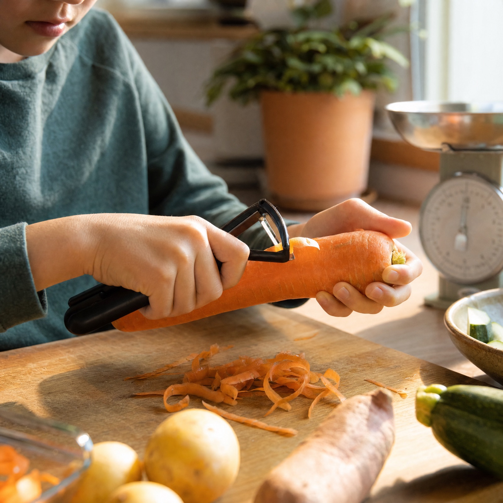 Enfant repiquant un semis dans un carré potager scolaire